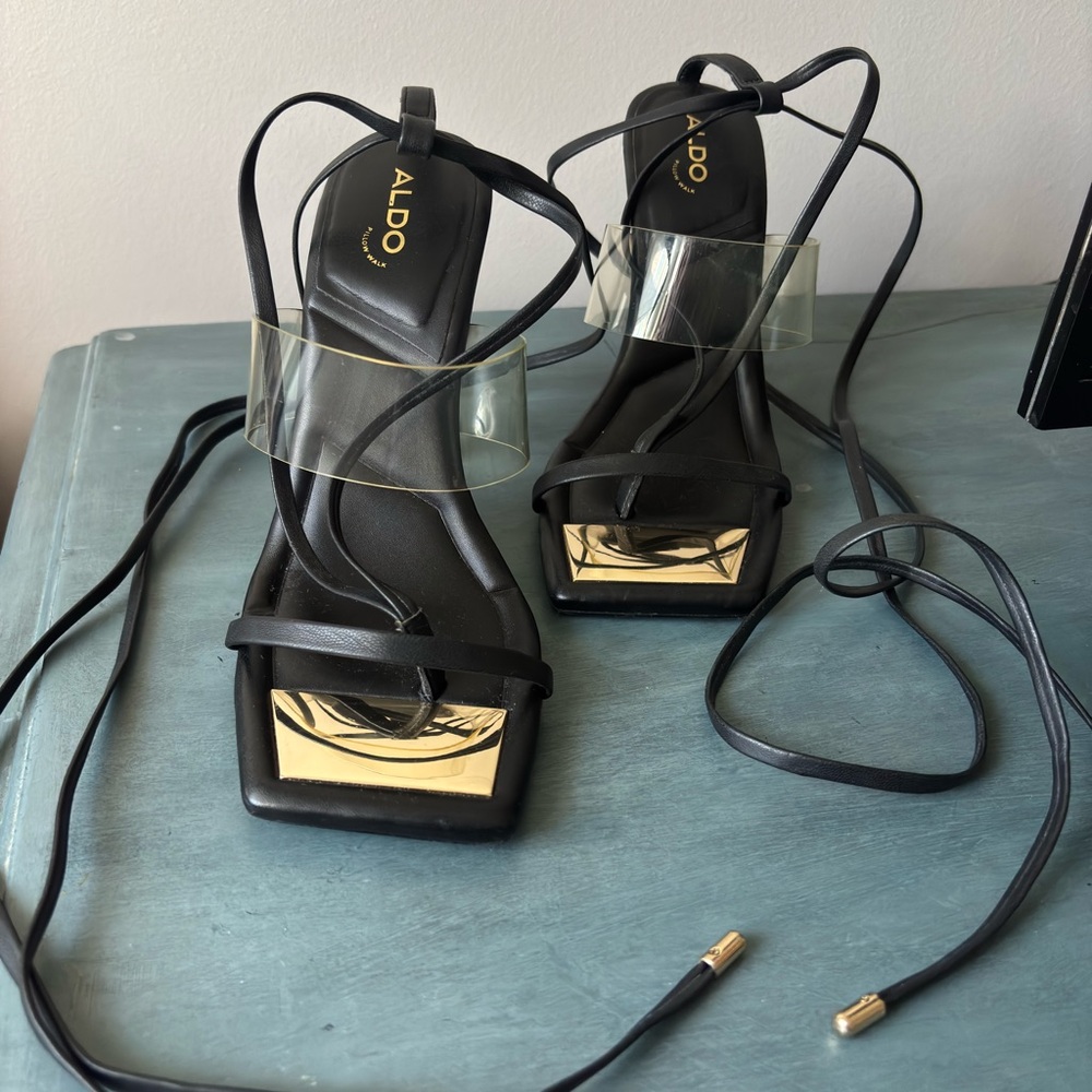 Aldo ‘Pillow Walk’ Black and Gold Strappy lace up Heels